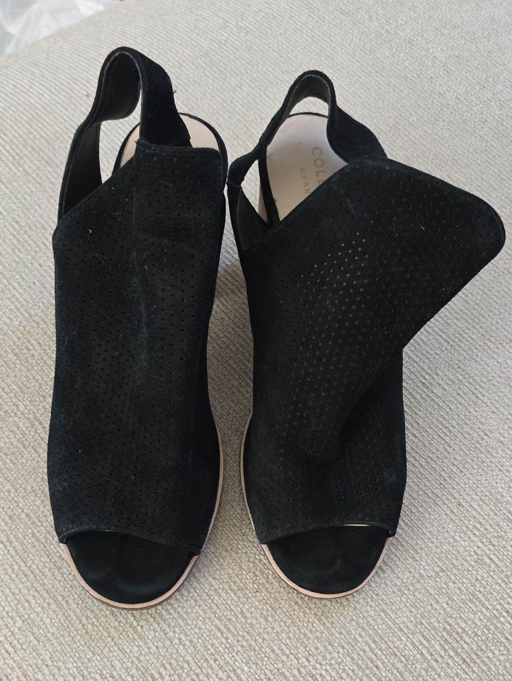 Cole Haan Black Suede Peep-Toe Slingback Wedges with Perforated Upper